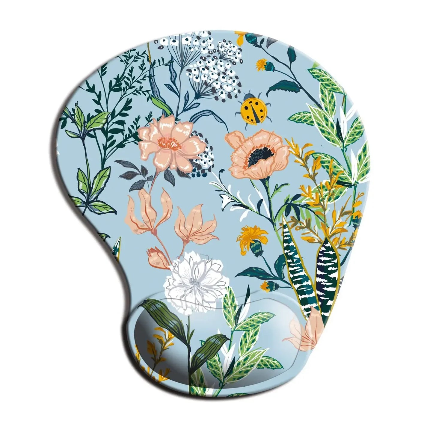 Ergonomic mouse pad with floral design featuring pink, white, and yellow flowers with green leaves on a light blue background. A yellow ladybug is also visible.