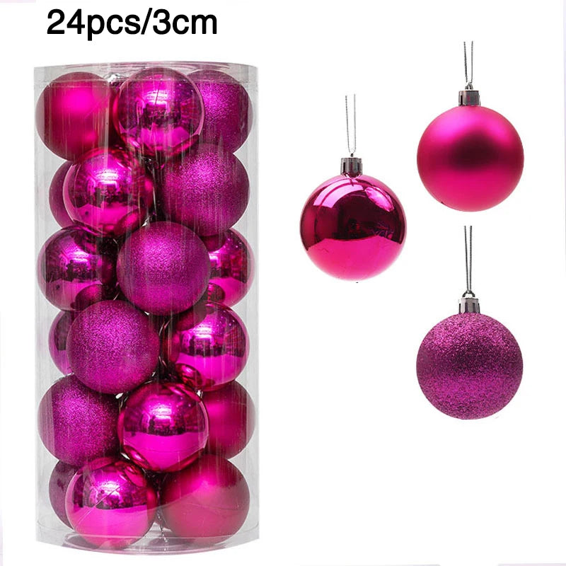 A cylindrical package containing 24 shiny, fuchsia Christmas ornaments, each 3cm in diameter. Three varieties displayed: glossy, matte, and glittery, all with silver hooks.