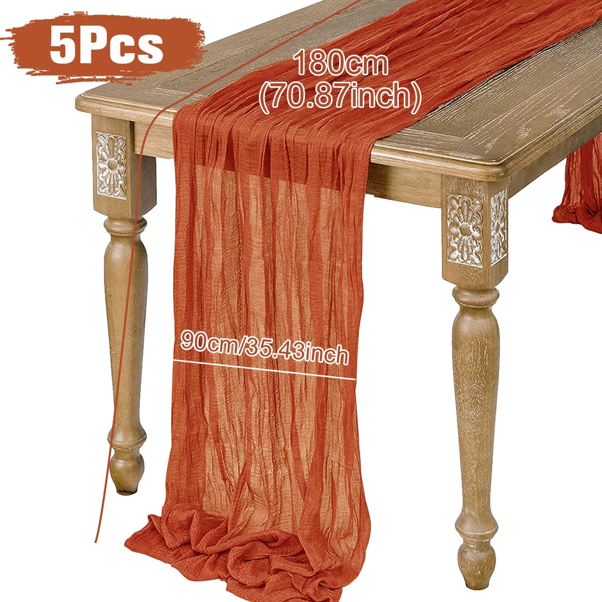 Set of five rust-colored table runners measuring 180cm by 90cm, elegantly draped over a wooden table with ornate legs.