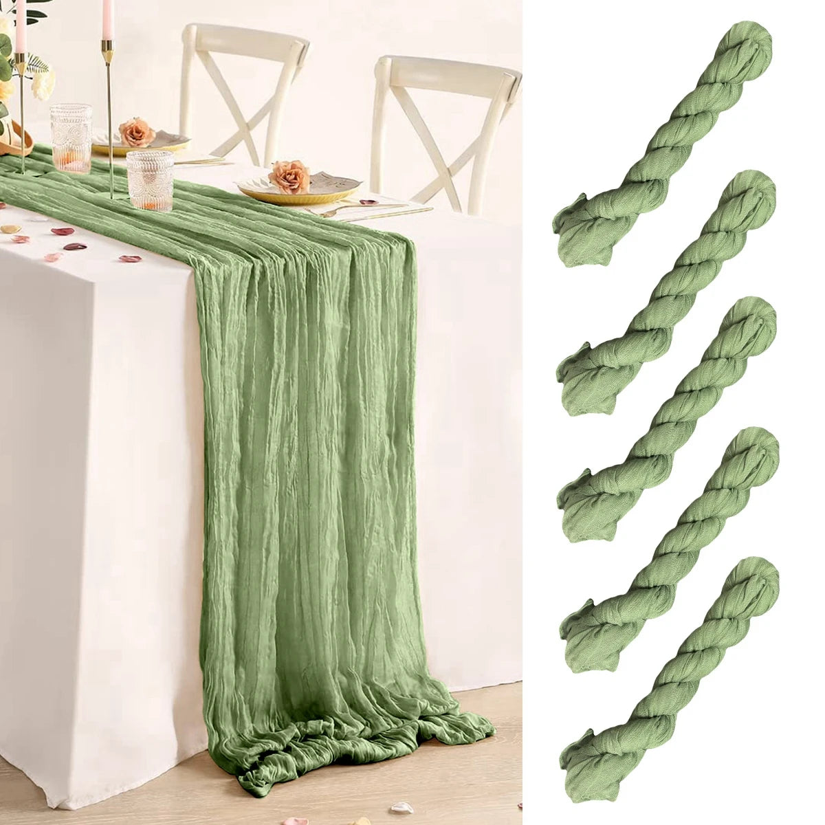 A dining table with a soft green gauze table runner and decor. To the right, four neatly rolled green table runners are displayed against a white background.