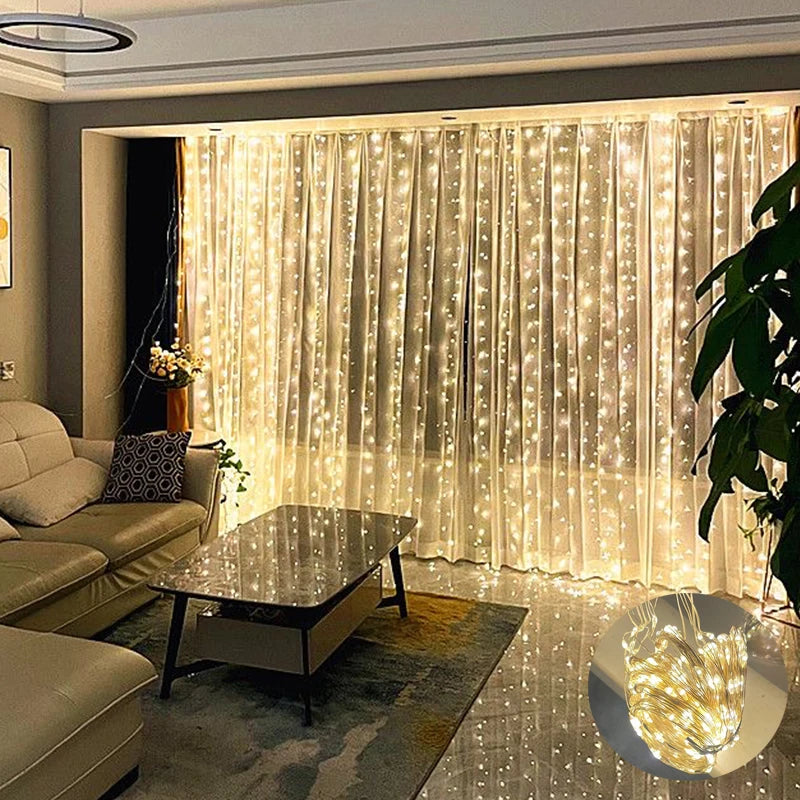 A cozy living room with a beige sofa and dark coffee table, illuminated by warm white string lights cascading over sheer curtains, creating a soft, inviting ambiance.