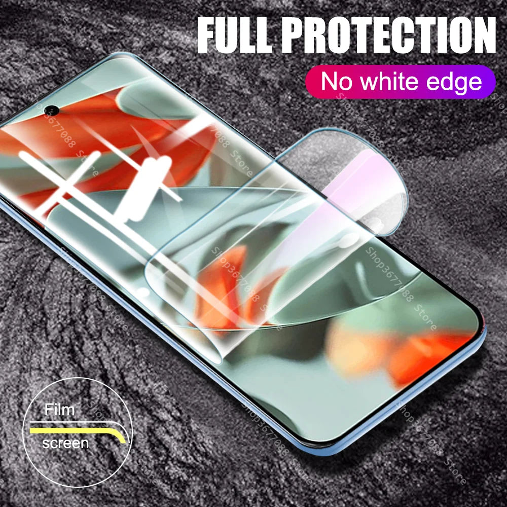 Smartphone with a screen protector partially applied, highlighting "Full Protection" and "No white edge." Background is a textured surface with abstract patterns on the screen.