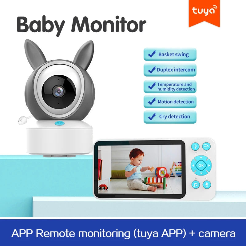 Baby monitor with rabbit-ear design, camera, and screen. Features include basket swing, duplex intercom, temperature, motion, and cry detection, with Tuya app remote monitoring.