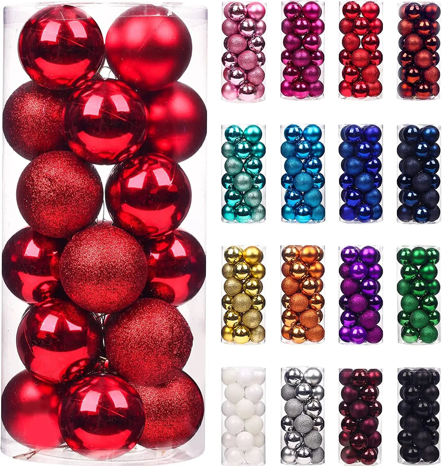 A collection of colorful Christmas ornaments in clear containers, featuring red, pink, purple, teal, blue, gold, silver, white, and green baubles, some shiny and others glittery.