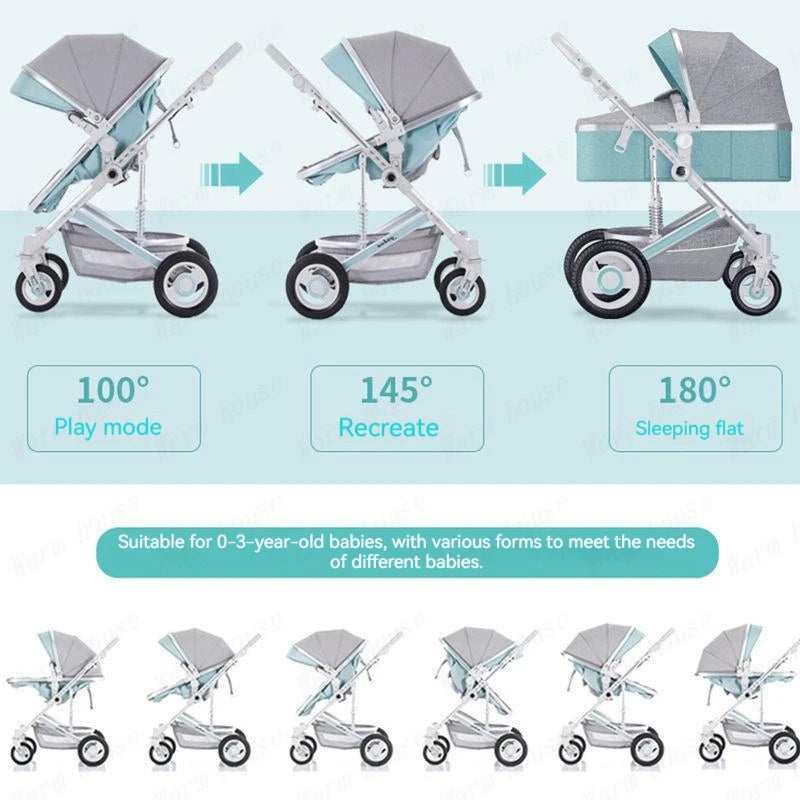Adjustable baby stroller in three modes: 100° play, 145° recline, and 180° sleeping flat. Suitable for 0-3-year-olds, showcasing versatility for different needs.