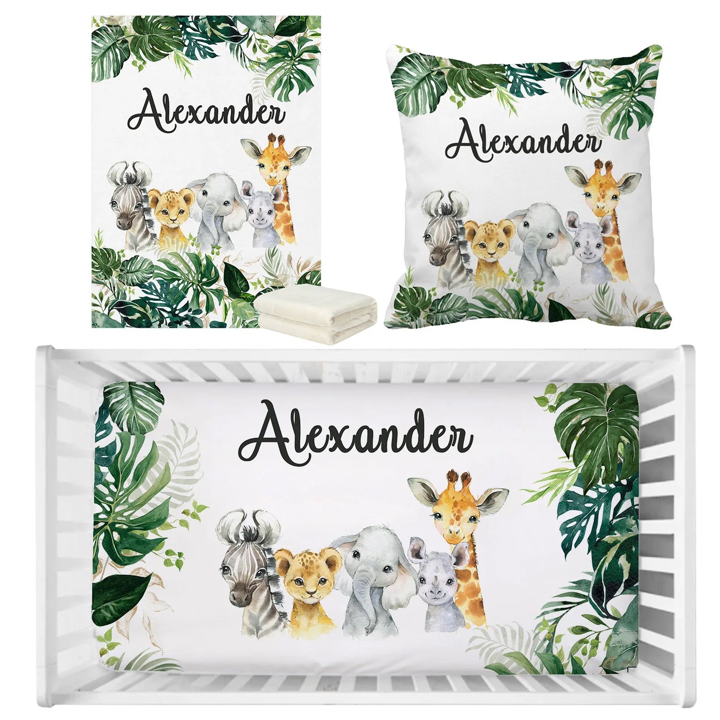 Nursery set with jungle theme featuring baby animals and green leaves. Includes a name plate, pillow, and crib sheet with "Alexander" text.