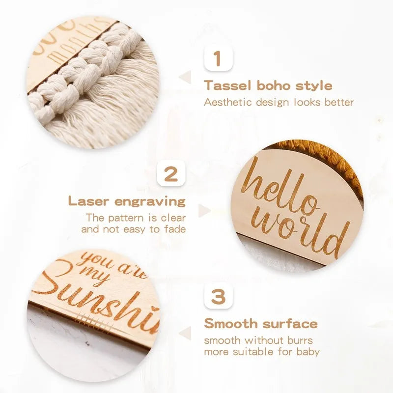 Collage of three wooden plaques with features: 1. Tassel boho style, 2. Laser engraving, 3. Smooth surface. Includes phrases like "hello world" and "you are my sunshine."
