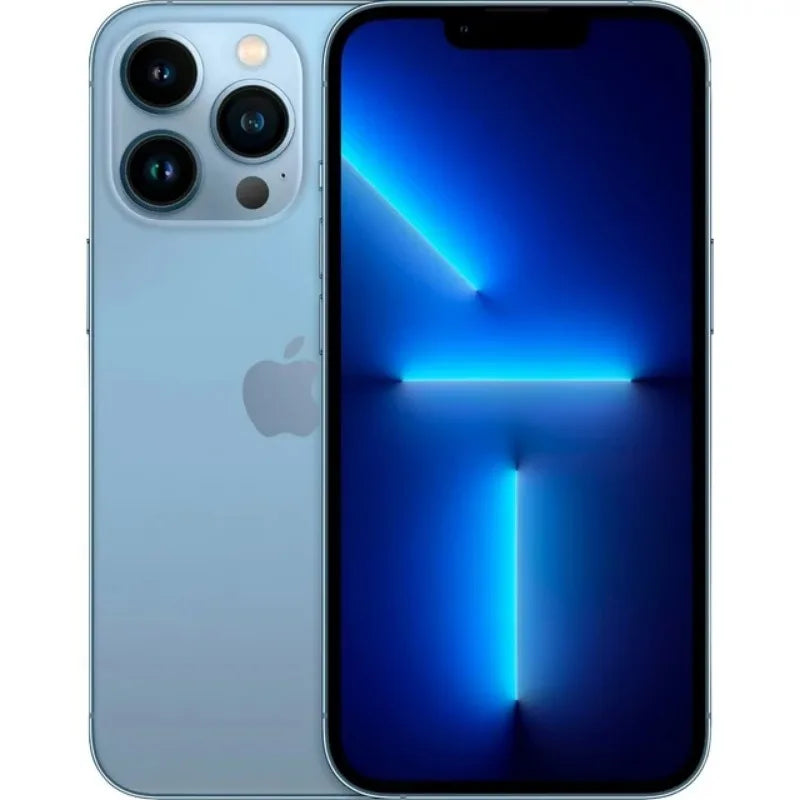 A silver smartphone with a triple camera setup is shown. The front screen displays a blue abstract light pattern.