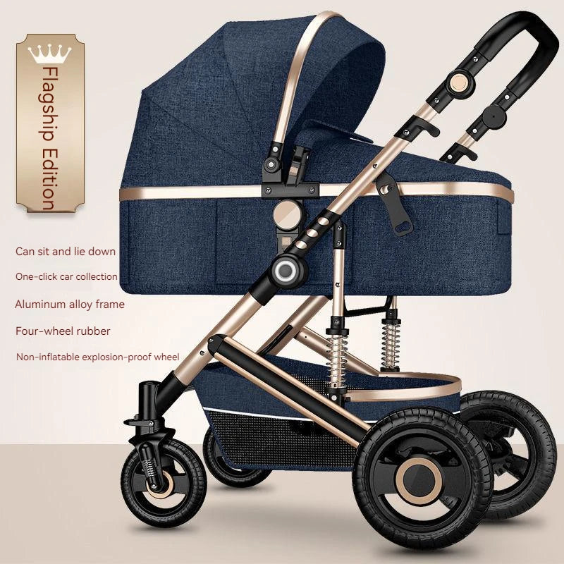 Luxurious baby stroller in dark blue with rose gold aluminum frame. Features adjustable seat, one-click folding, rubber wheels, and explosion-proof tires. "Flagship Edition" label included.