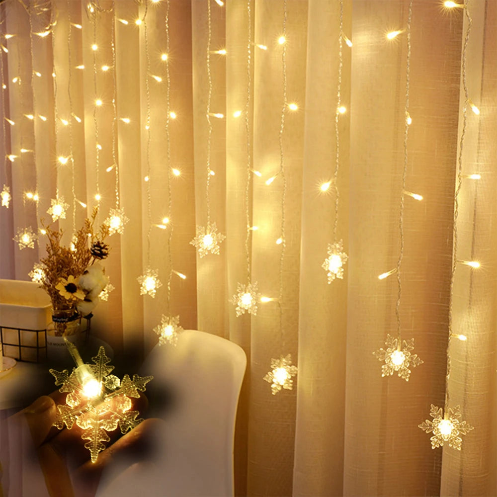 Warm curtain lights with delicate snowflake designs decorate a cozy room. Soft illumination reflects off beige curtains, creating a festive and inviting atmosphere.