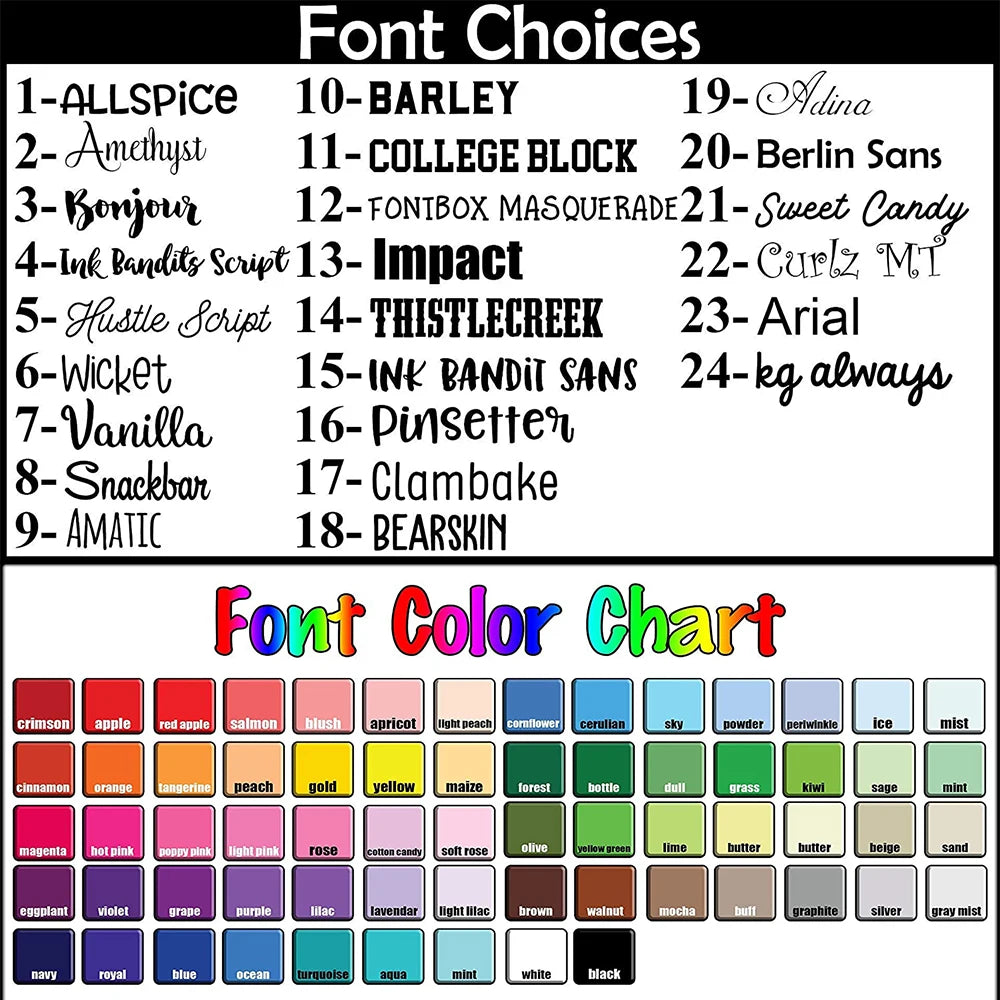 Image showing a list of 24 fonts with names like "AllSpice" and "Impact." Below, a color chart displays various colors such as crimson, aqua, and mint, each labeled accordingly.