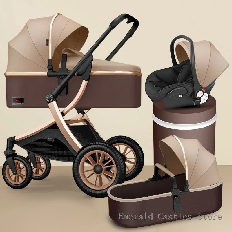 Brown and beige baby stroller set with matching car seat and bassinet. The stroller features black accents and large wheels. Displayed against a neutral background.