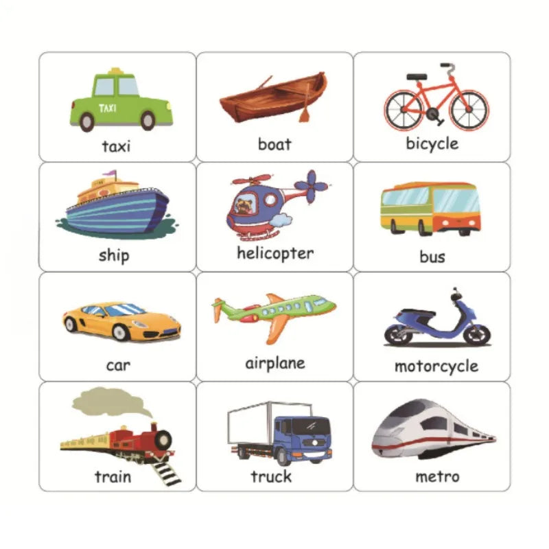 Grid of transportation illustrations: taxi, boat, bicycle, ship, helicopter, bus, car, airplane, motorcycle, train, truck, and metro, each labeled below the image.