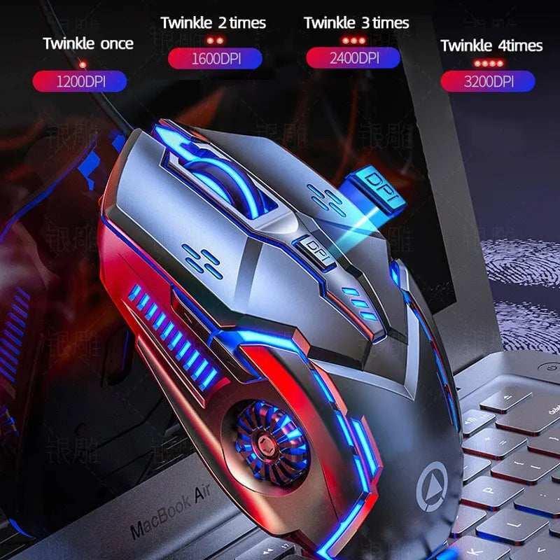 Futuristic gaming mouse with RGB lighting on a MacBook Air. DPI settings range from 1200 to 3200, indicated by twinkle lights showing different levels.