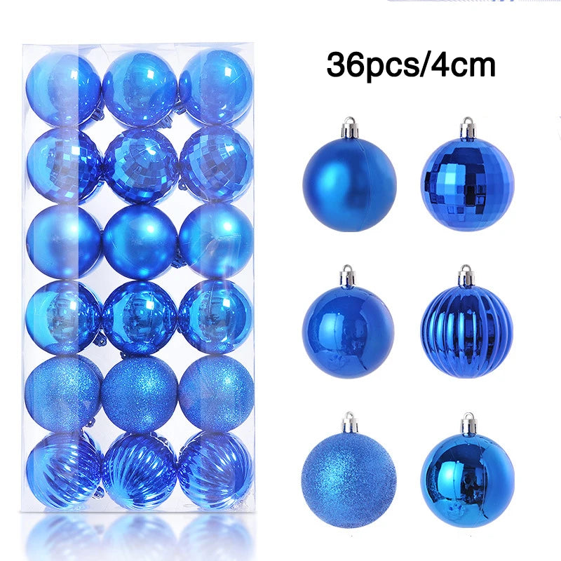Box of 36 blue Christmas ornaments, 4 cm each, featuring glossy, matte, glitter, and ribbed finishes. Six styles displayed outside the box for variety.