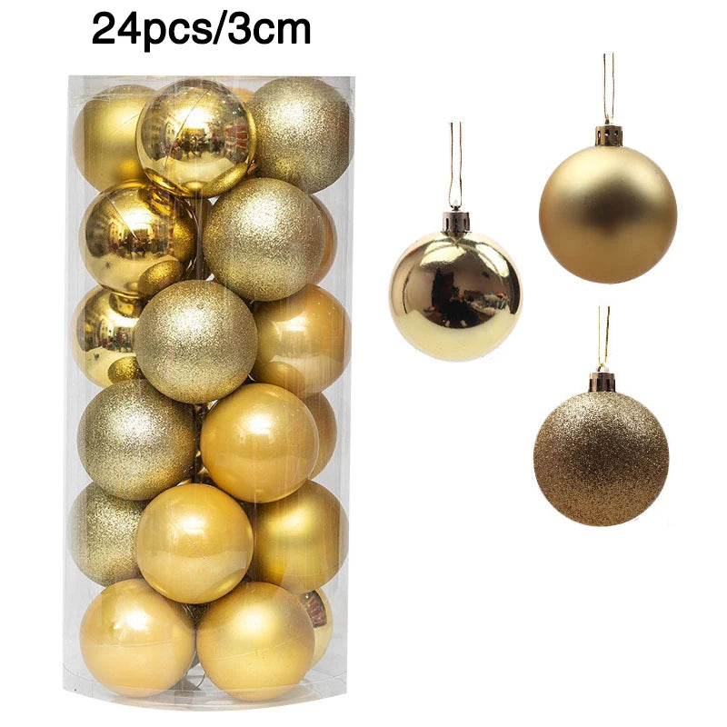 A set of 24 golden Christmas ornaments, each 3cm in diameter, displayed in a clear container. Includes shiny, matte, and glitter finishes. Three individual ornaments shown on the side.