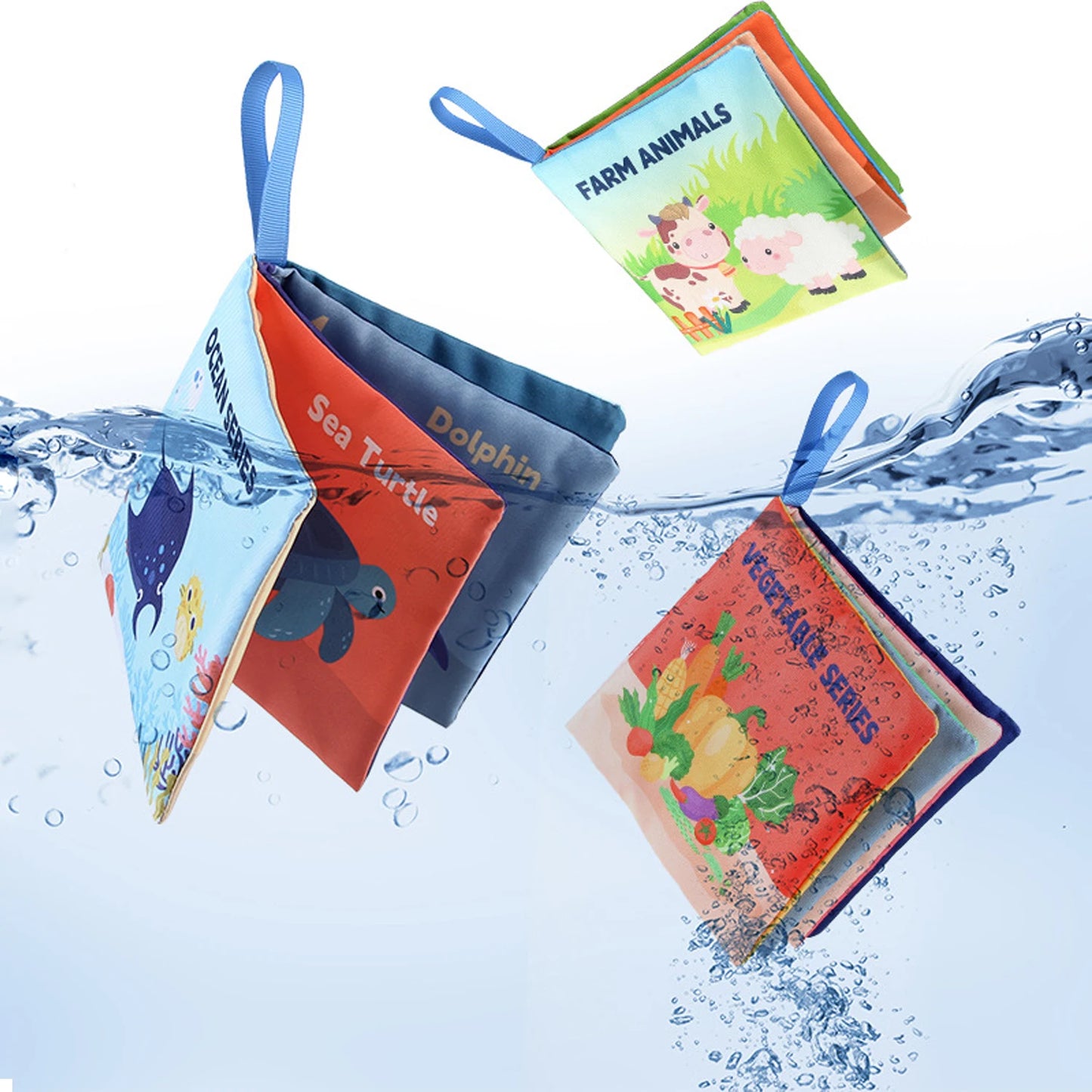 Three colorful waterproof children's books are partially submerged in water. They showcase themes of farm animals, sea creatures, and vegetables, each with a looped handle.