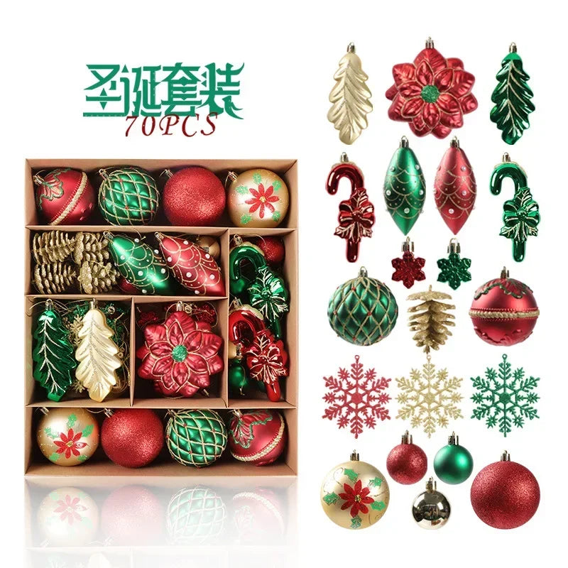A boxed set of 70 Christmas tree ornaments, featuring an assortment of red, green, and gold designs, including balls, candy canes, flowers, and leaves.