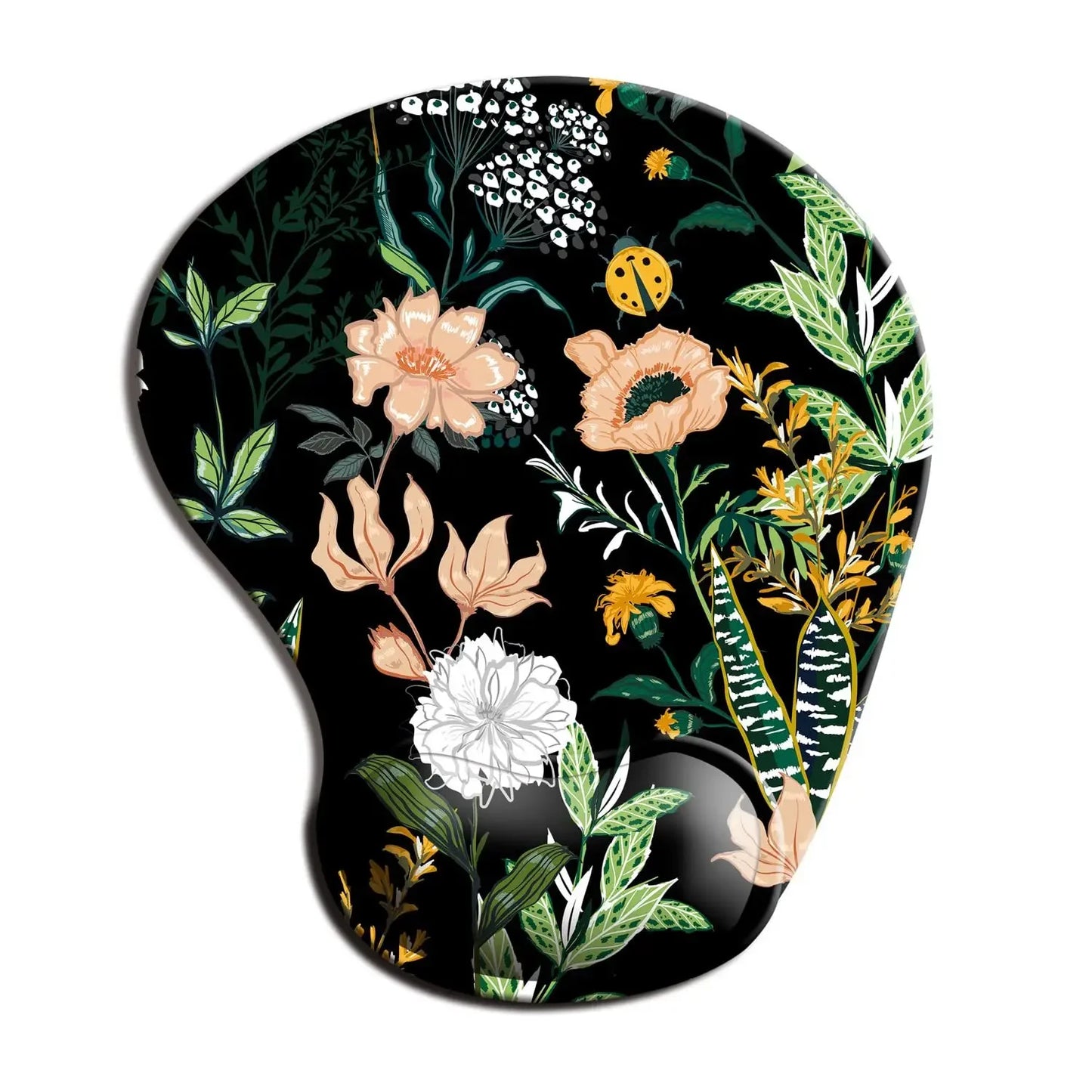 Floral mouse pad with colorful flowers, leaves, and a ladybug on a black background. Features various shades of green, peach, and white, with intricate botanical designs.