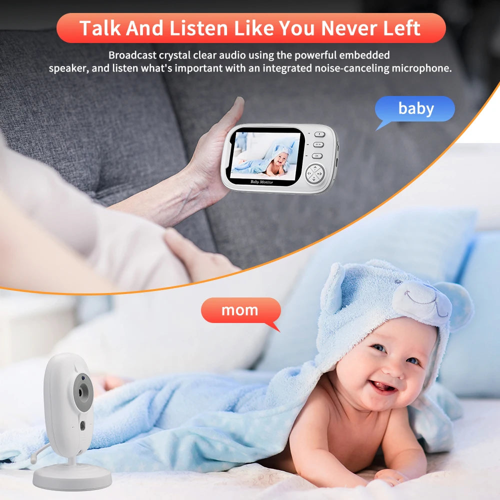 A baby smiles while a hand holds a baby monitor showing the baby’s image. Text highlights audio clarity and noise-canceling microphone, with "Talk And Listen Like You Never Left" as a header.