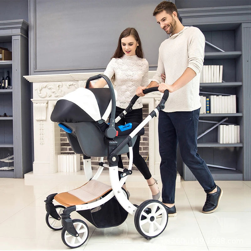 A smiling couple stands in a modern living room, admiring a black and white stroller. The woman gently touches the handle, while the man pushes it forward.