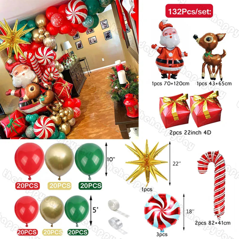 Festive Christmas balloon set with Santa, reindeer, gifts, and candy canes. Includes red, green, and gold balloons, peppermint swirls, and a starburst. Ideal for holiday decor.