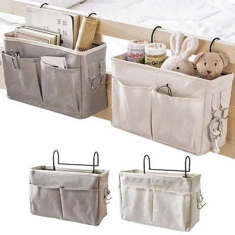 Two hanging fabric organizers on a wooden bed frame, one gray and one beige, hold books, toys, and essentials. Below are close-up views showing various pockets and hooks.