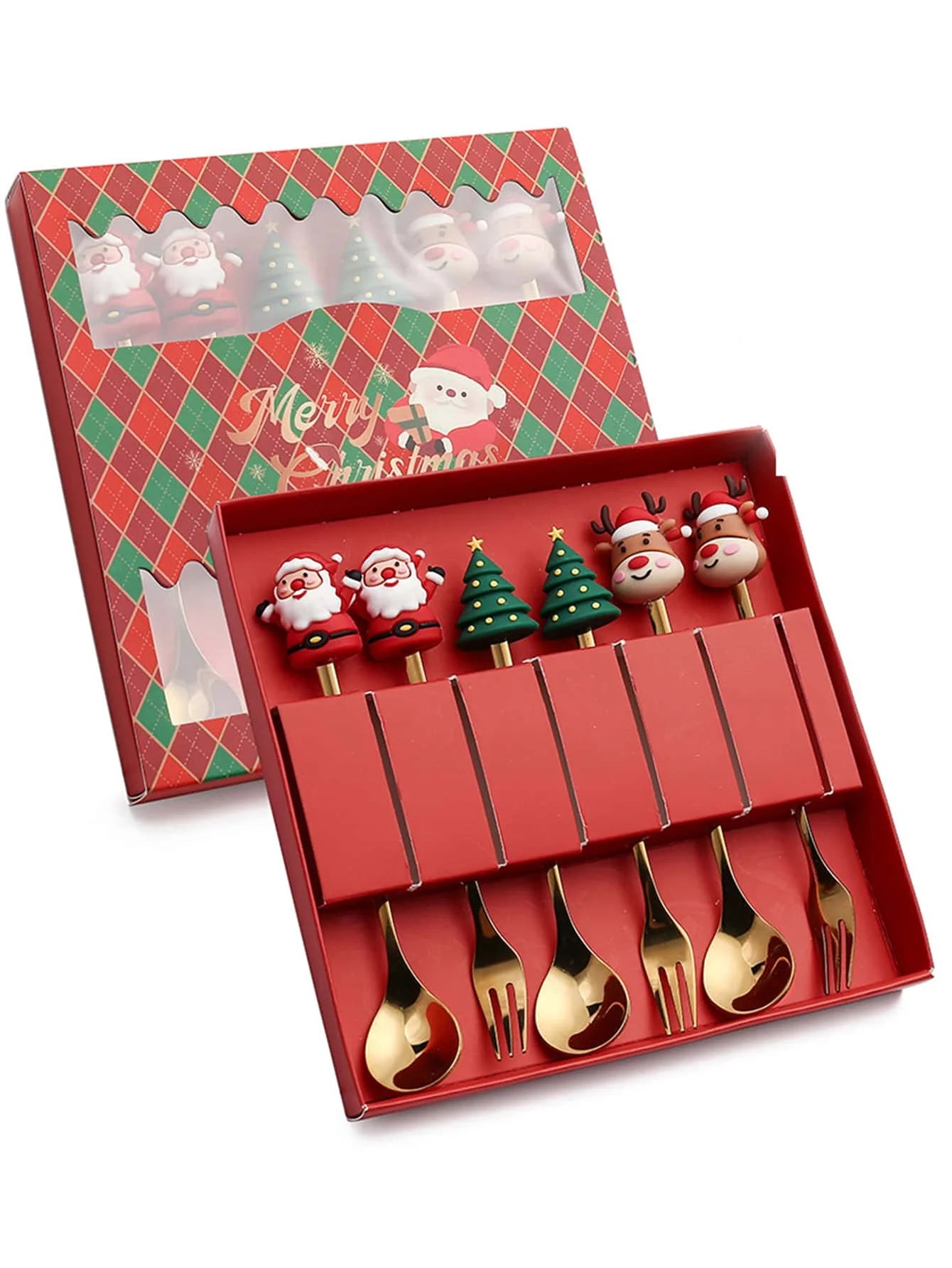 Red festive cutlery set includes gold spoons and forks with Christmas-themed handles, featuring Santa, trees, and reindeer. Packaging is decorated with a "Merry Christmas" design.