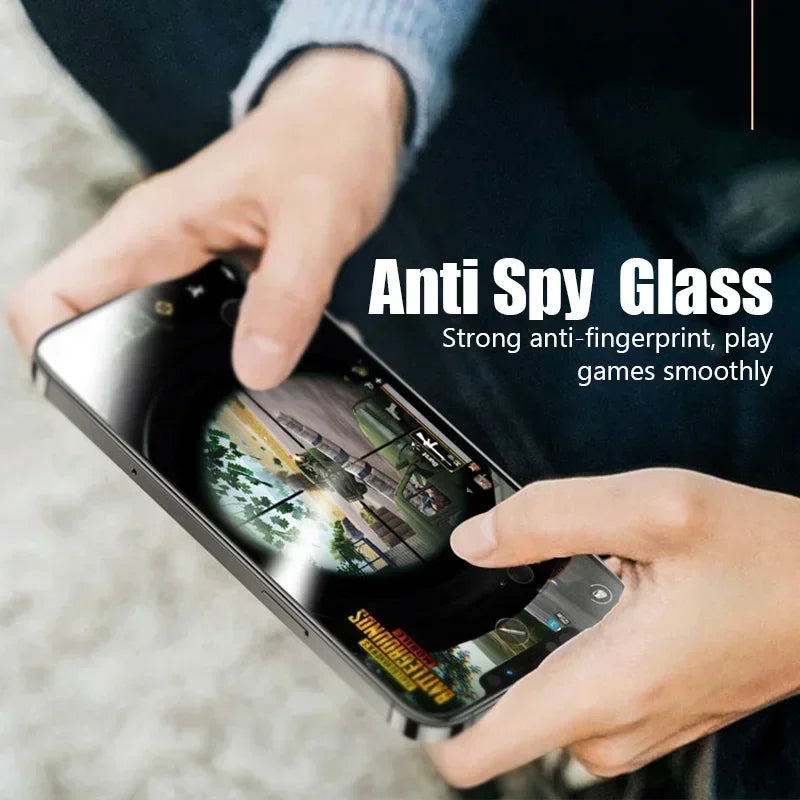 Person playing a tank video game on a phone with anti-spy glass. Text reads "Anti Spy Glass: Strong anti-fingerprint, play games smoothly."