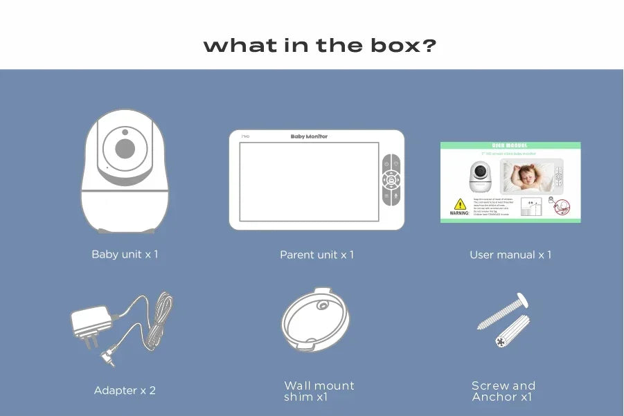 Image showing contents of a box: a baby unit, parent unit, user manual, two adapters, a wall mount shim, and a screw with anchor, all labeled with quantities.