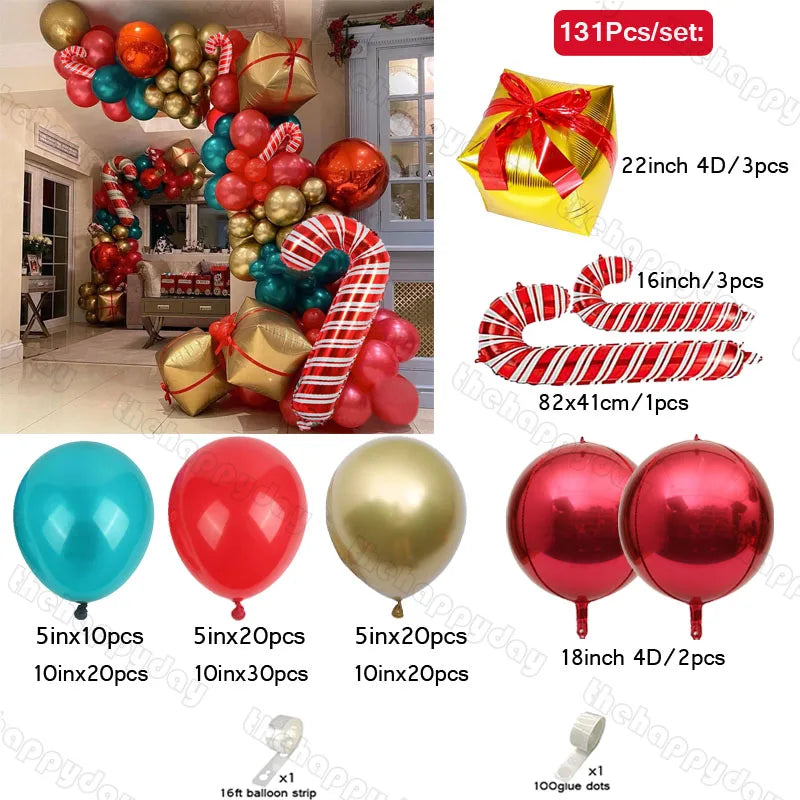 Festive balloon arch kit with 131 pieces, including red, gold, turquoise, and patterned balloons, plus candy cane and gift shapes. Set includes 16ft strip and glue dots.