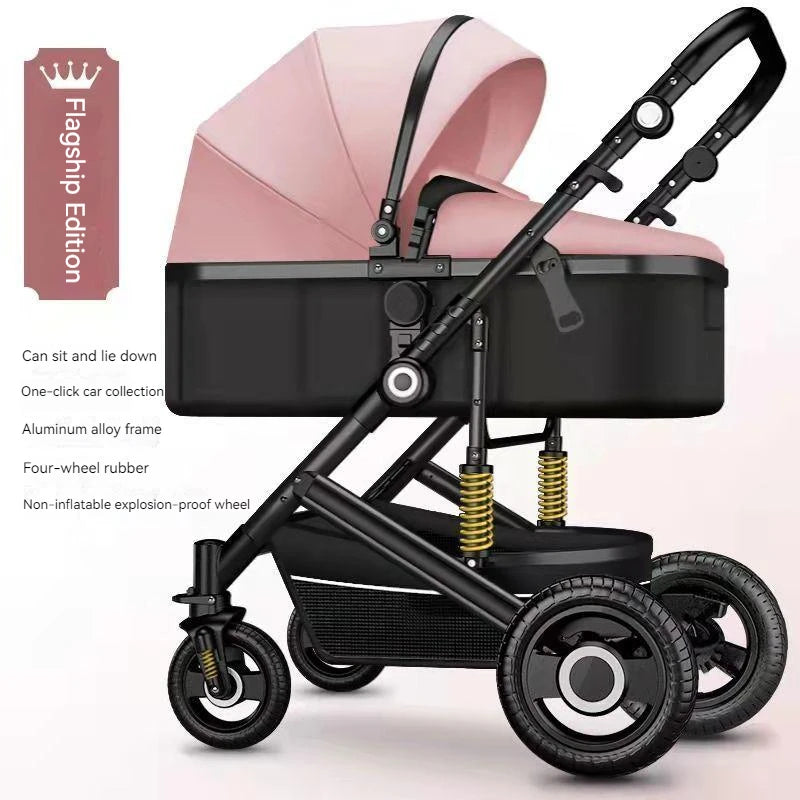 Pink and black baby stroller with adjustable seat, aluminum alloy frame, and non-inflatable rubber wheels. Features include one-click car folding and explosion-proof design.