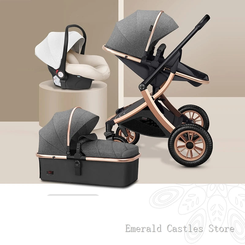 Gray and rose gold baby stroller set with car seat, bassinet, and stroller on a beige background. The stroller has large, black wheels and a sleek, modern design.