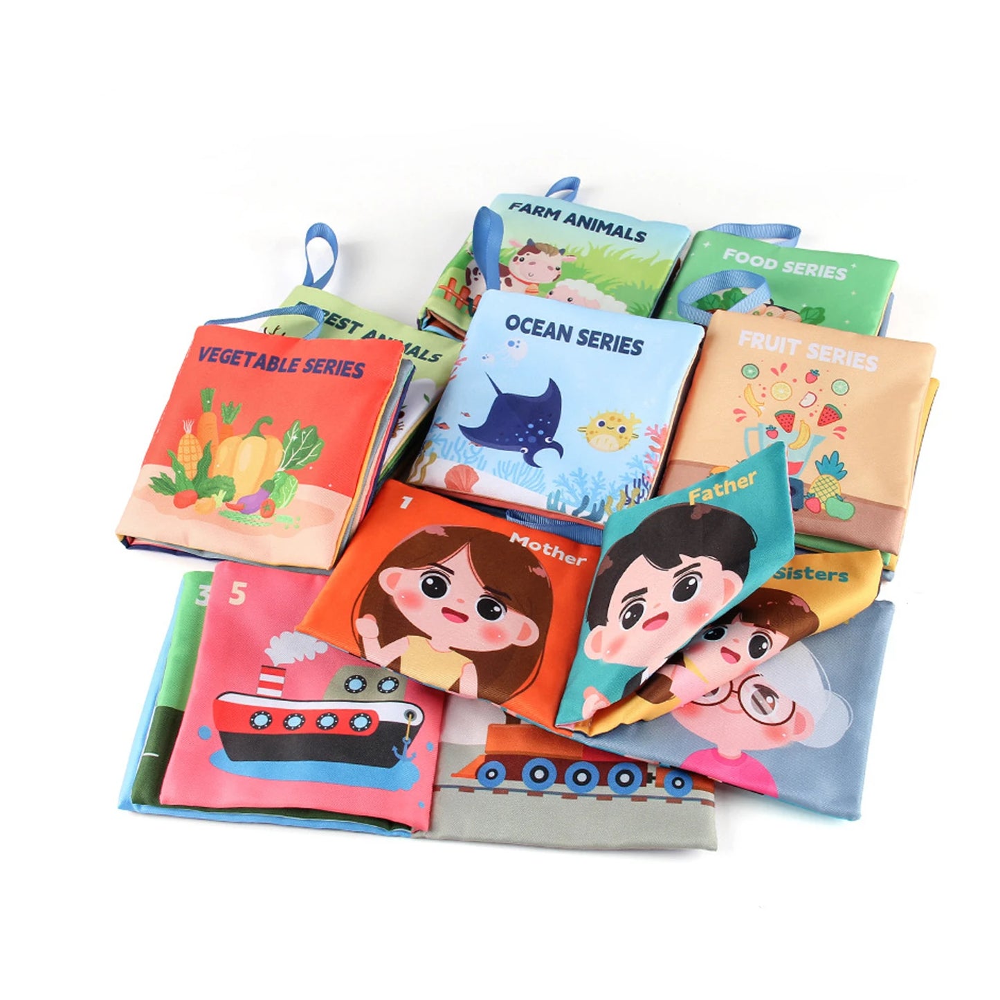 A colorful assortment of fabric baby books with themes like farm animals, ocean, vegetables, and family members, each featuring playful illustrations on the covers.