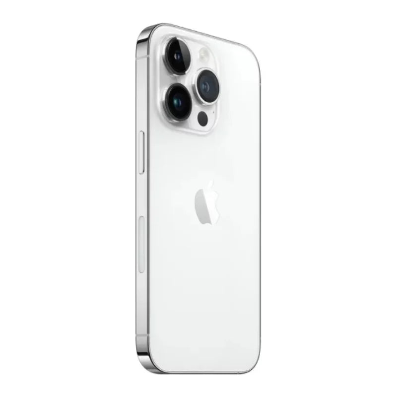 Silver smartphone with a glossy back, featuring a triple-camera setup prominently in the upper left corner and the Apple logo in the center.
