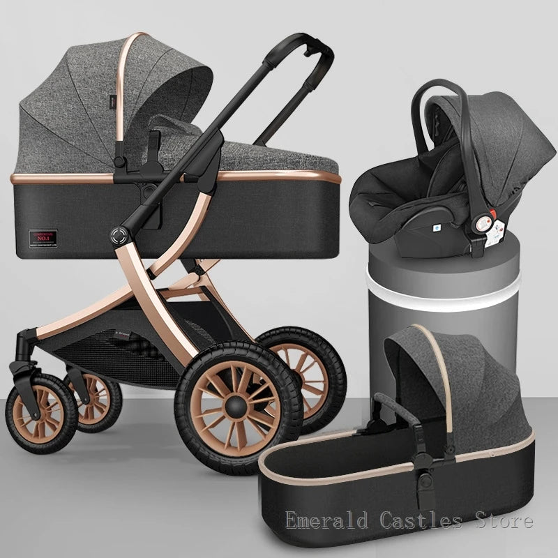 Gray and rose gold baby stroller with matching detachable bassinet and car seat. The stroller has large wheels for easy maneuvering. Displayed on a light gray background.