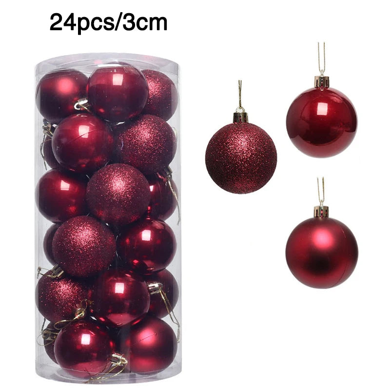 A set of 24 red Christmas ornaments, each 3 cm in size. The transparent container holds shiny and glittery baubles, with three examples shown separately on the side.
