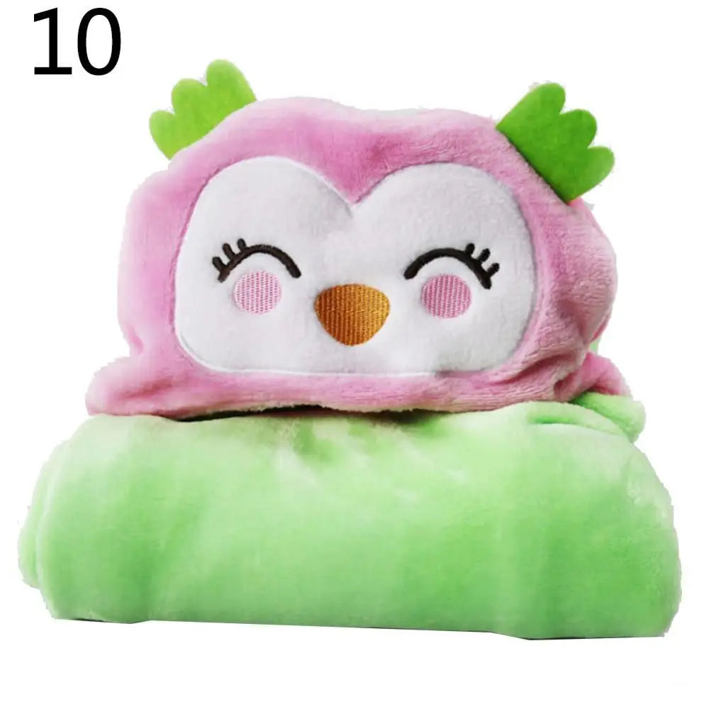 Cute owl plush with a pink face, closed eyes, orange beak, and green ear tufts sits on a soft, rolled-up pastel green blanket. Number 10 is in the top left corner.
