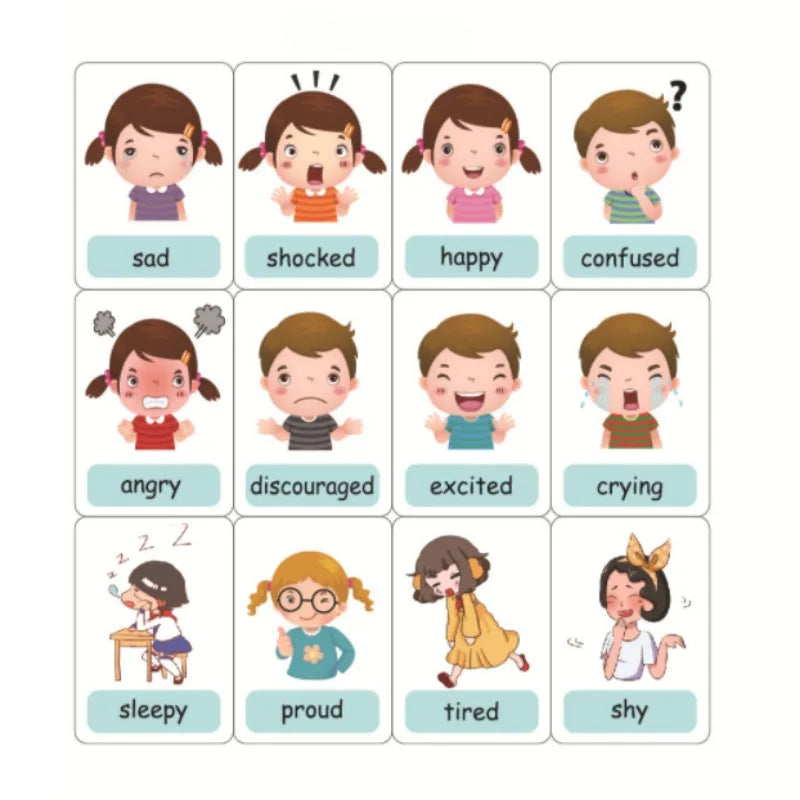 Grid of children emoticons displaying various emotions: sad, shocked, happy, confused, angry, discouraged, excited, crying, sleepy, proud, tired, shy.