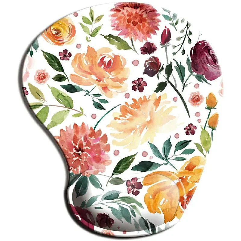 Floral-patterned mouse pad with vibrant watercolor flowers and green leaves on a white background, featuring pink, orange, and yellow blooms in a variety of shapes and sizes.