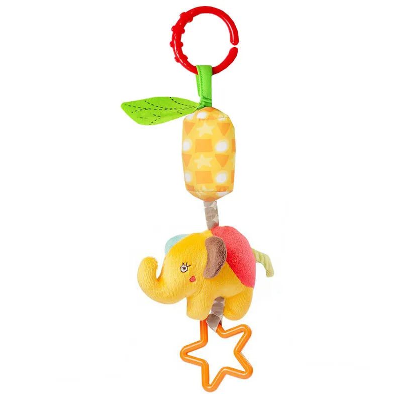 Brightly colored baby toy with a red clip, green leaf, patterned cushion, and a plush elephant. An orange star-shaped ring hangs at the bottom.