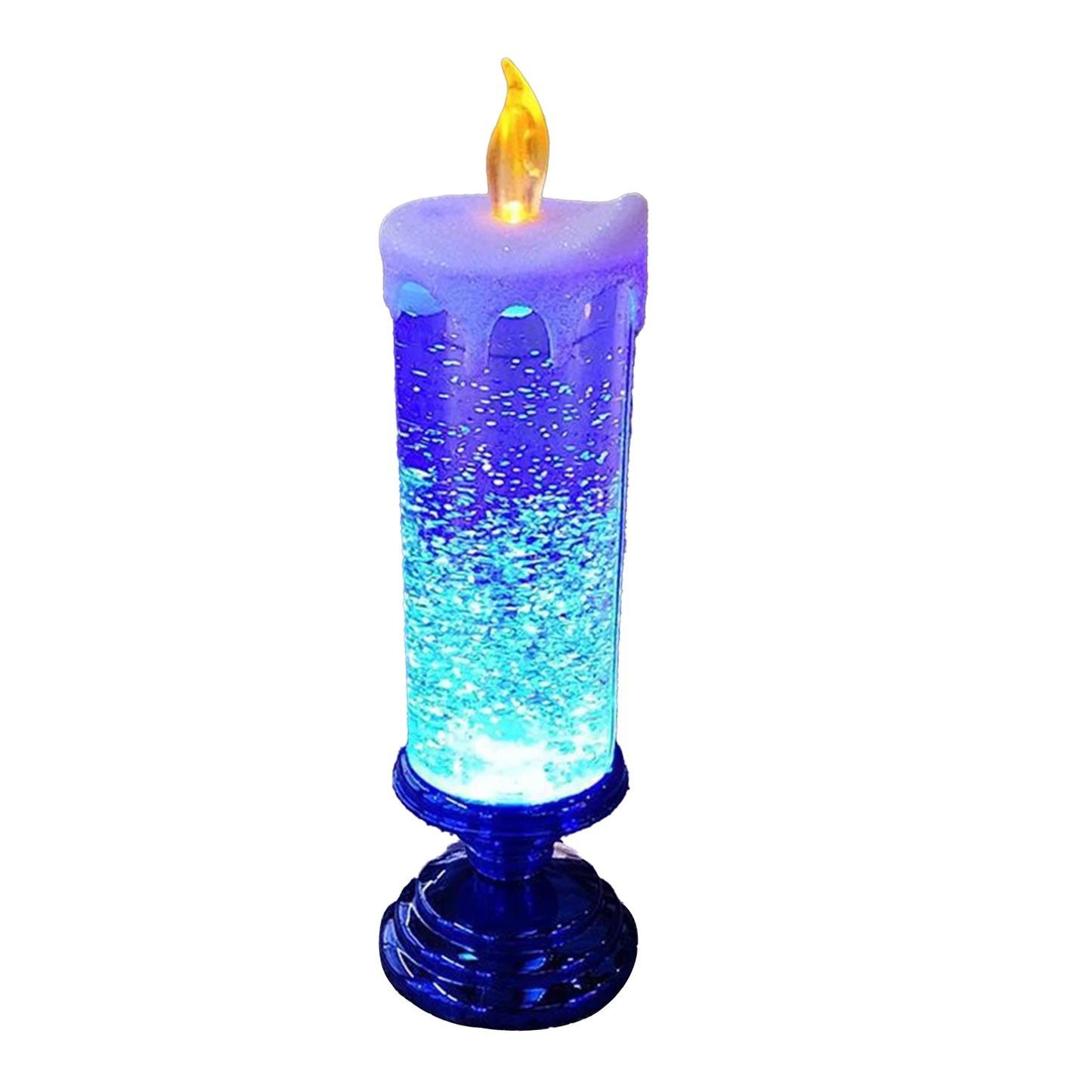 A blue LED candle with a swirling glitter effect inside, featuring a flickering yellow flame on top, set on a dark blue ornate base.