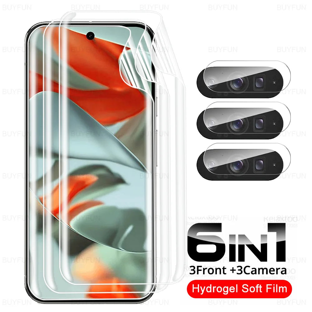 6-in-1 screen protector set for a smartphone, including three front and three camera hydrogel soft films. Features a floral background and clear overlay on a smartphone.