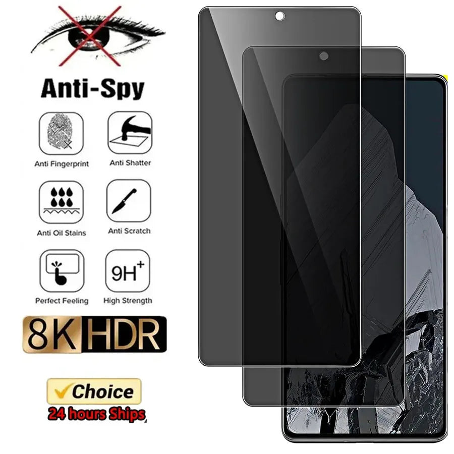 Anti-spy phone screen protector. Features anti-fingerprint, shatter, oil stains, scratch, high strength, 9H hardness, perfect feeling. 8K HDR. "24 hours ships" text included.