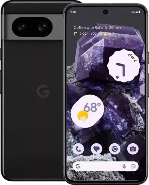 Front and back view of a black smartphone displaying a vibrant purple crystal wallpaper. The screen shows an upcoming calendar event, weather info, and app icons.