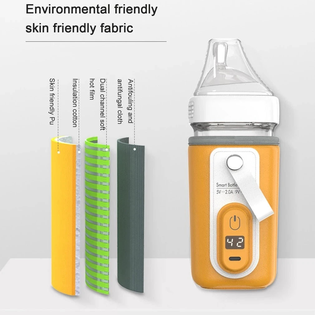 Smart baby bottle with digital display showing 42 degrees, featuring eco-friendly, skin-safe fabric layers: PU, insulation cotton, dual-channel soft film, and antifungal cloth.