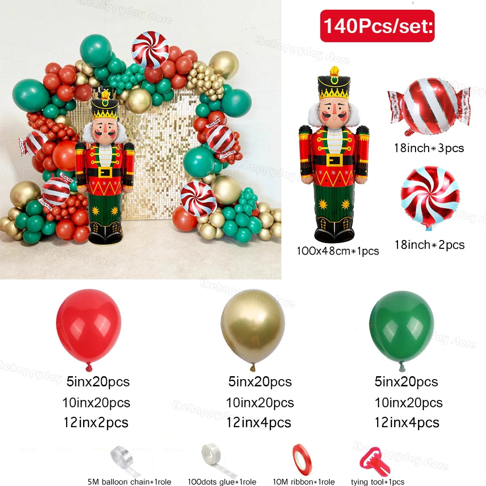 Balloon decoration set with a nutcracker figure, candy-shaped balloons, and 140 pieces including red, gold, and green balloons, tools, and accessories for festive setup.