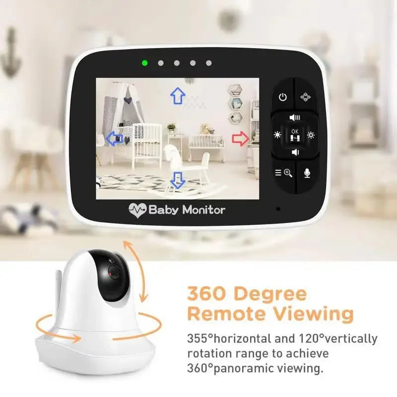 Baby monitor screen showing a nursery with a crib and toys. The monitor offers 360-degree remote viewing with 355° horizontal and 120° vertical rotation for panoramic viewing.