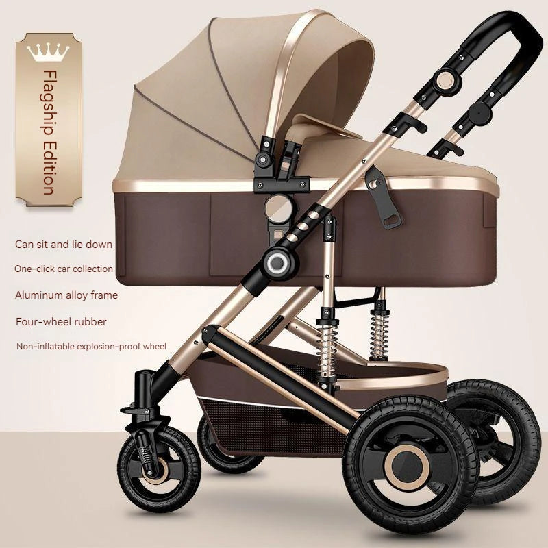 Luxury stroller in beige and brown with adjustable seat, aluminum alloy frame, and four rubber wheels. Features include one-click folding and explosion-proof wheels.