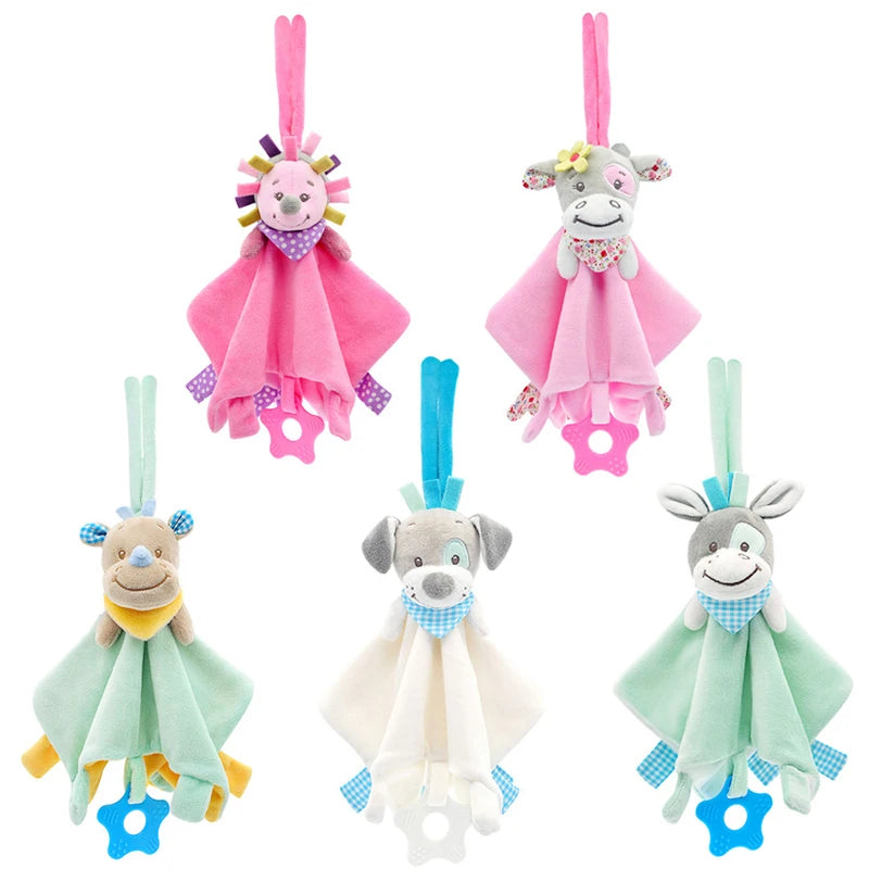 Five colorful plush animal loveys with attached teethers, featuring a lion, cow, bear, dog, and donkey. Each has vibrant fabrics, hanging loops, and soothing textures.